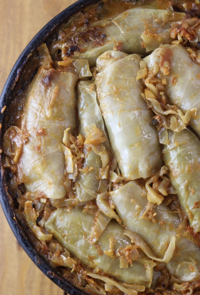 Baked stuffed cabbage rolls that were just baked in the oven and uncovered.